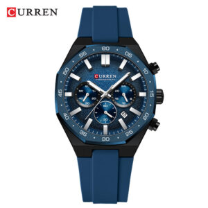 CURREN 8489 Men’s Chronograph Watch with Silicone Strap, Date & 24-Hour Display- Blue Colour