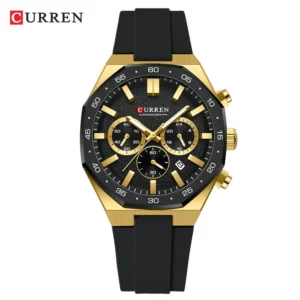 CURREN 8489 Men’s Chronograph Watch with Silicone Strap, Date & 24-Hour Display-Gold Black