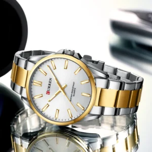 CURREN 9090 Stylish Men's Watch- Luxury Stainless Steel Quartz Watch- Gold White Colour