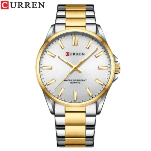 CURREN 9090 Stylish Men's Watch- Luxury Stainless Steel Quartz Watch- Gold White Colour