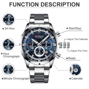 CURREN 8355 Luxury Chronograph Watch for Men- Silver Blue