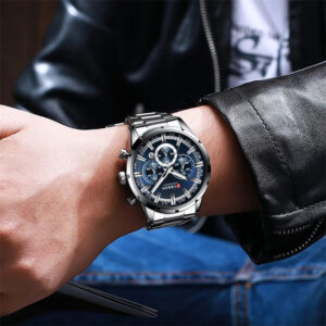 CURREN 8355 Luxury Chronograph Watch for Men- Silver Blue