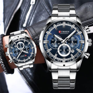CURREN 8355 Luxury Chronograph Watch for Men- Silver Blue