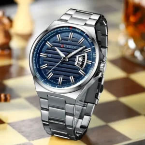 CURREN 8375 Stainless Steel Quartz Mens Watch- Silver Blue