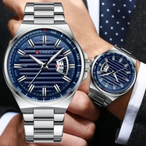 CURREN 8375 Stainless Steel Quartz Mens Watch- Silver Blue