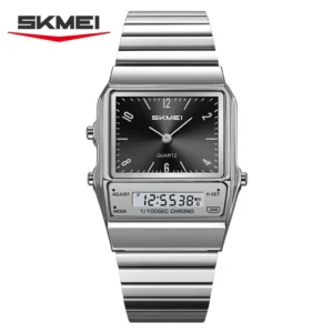 SKMEI 2632 Three Time Digital Gents Wrist Watch- Silver Black
