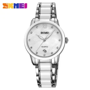 SKMEI 2175 Ceramic Waterproof Luxury Ladies Watch- Silver