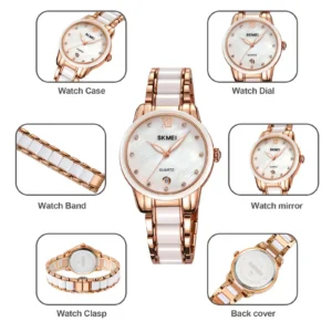 SKMEI 2175 Ceramic Waterproof Luxury Ladies Watch- Rose Gold
