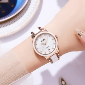 SKMEI 2175 Ceramic Waterproof Luxury Ladies Watch- Rose Gold