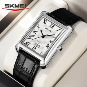 SKMEI 2575 Luxury Rectangular Leather Strap Quartz Watch for Men- Silver