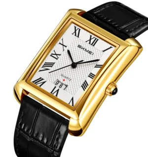SKMEI 2575 Luxury Rectangular Leather Strap Quartz Watch for Men- Golden