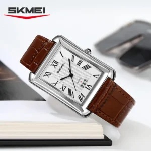 SKMEI 2575 Luxury Rectangular Leather Strap Quartz Watch for Men- Brown