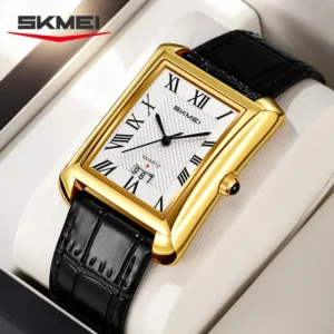 SKMEI 2575 Luxury Rectangular Leather Strap Quartz Watch for Men- Golden