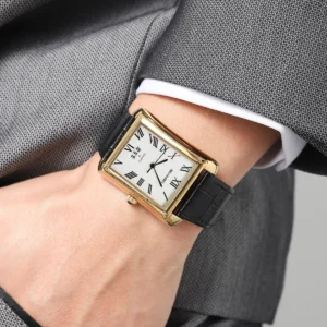 SKMEI 2575 Luxury Rectangular Leather Strap Quartz Watch for Men- Golden