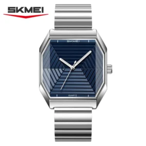 SKMEI 9393 Square Face Stainless Steel Waterproof Mens Watch- Silver Blue