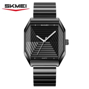 SKMEI 9393 Square Face Stainless Steel Waterproof Mens Watch- Black