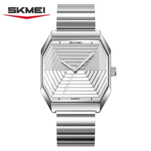 SKMEI 9393 Square Face Stainless Steel Waterproof Mens Watch- Silver White
